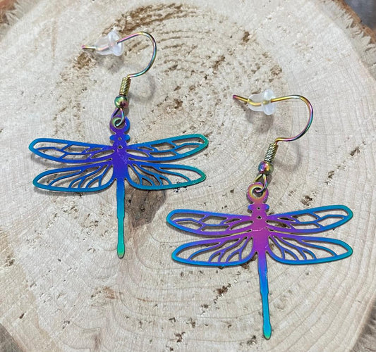 NEW Rainbow Iridescent Dragonfly Stainless Steel Earrings