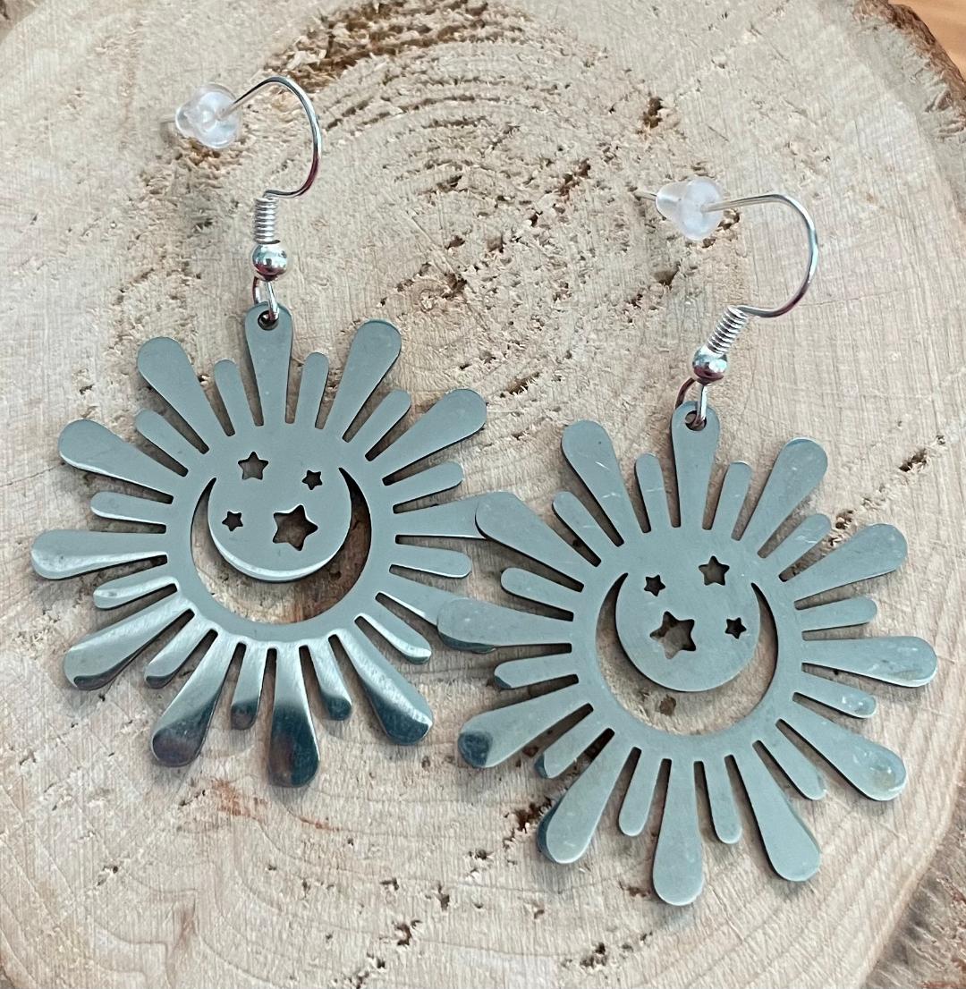 NEW Stainless Steel Sunburst & Stars Drop Dangle Earrings