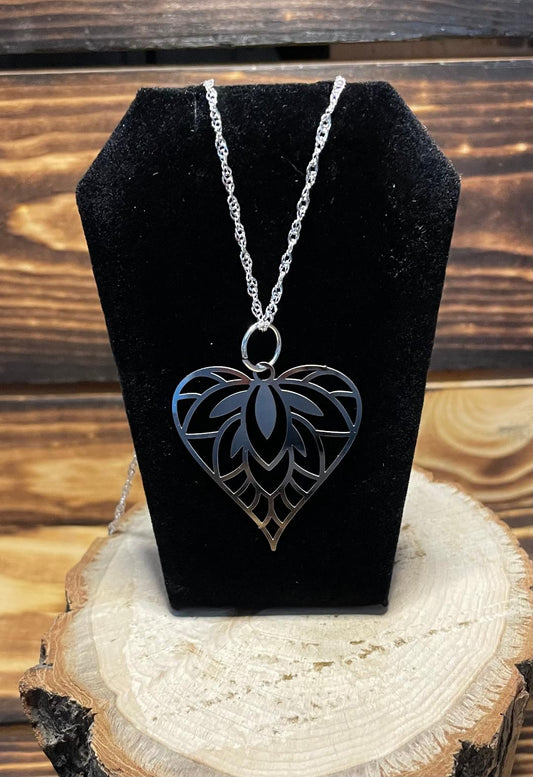 NEW Stainless Steel Lotus Flower Heart Charm Necklace