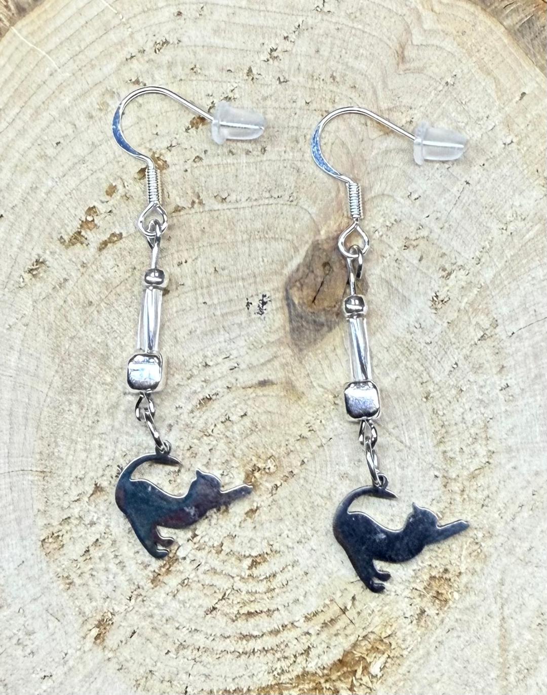 NEW Stretching Cat Stainless Steel Earrings w/ Silver Beads