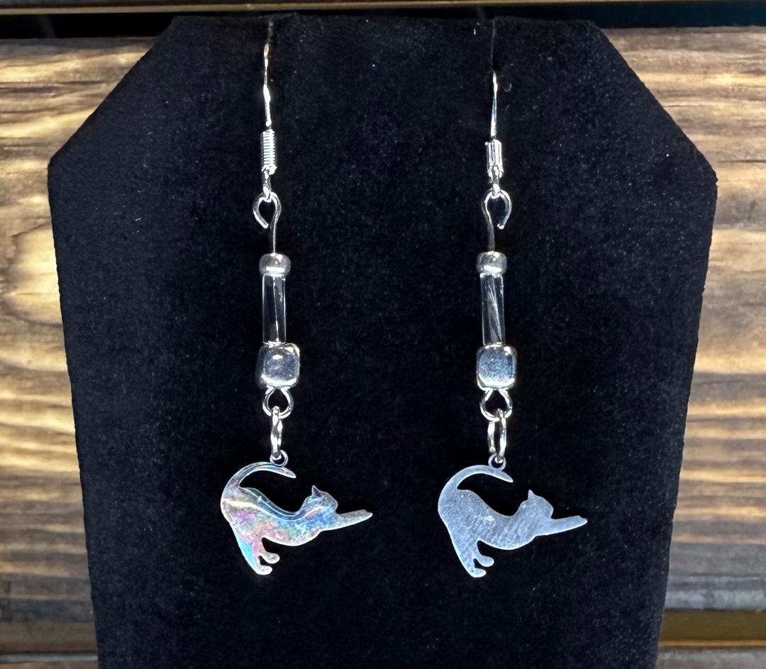 NEW Stretching Cat Stainless Steel Earrings w/ Silver Beads
