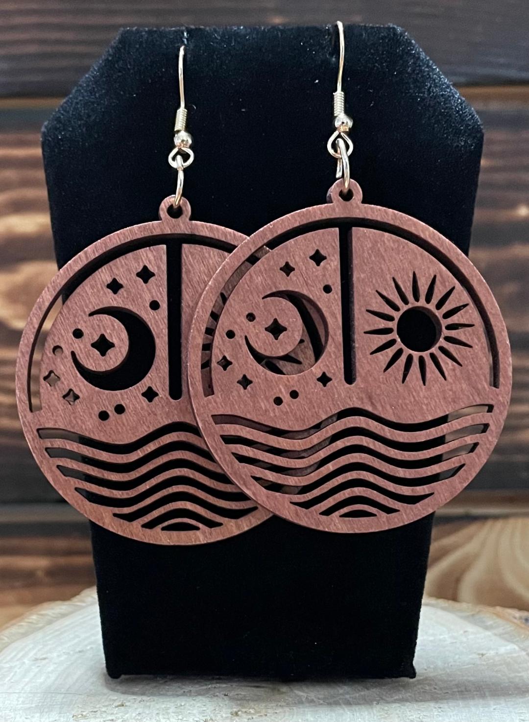 NEW Mystic Sun Moon Water Large Wood Round Earrings