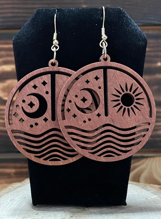 NEW Mystic Sun Moon Water Large Wood Round Earrings