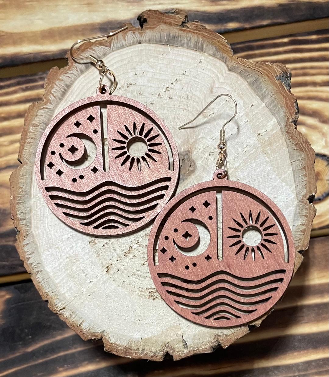 NEW Mystic Sun Moon Water Large Wood Round Earrings
