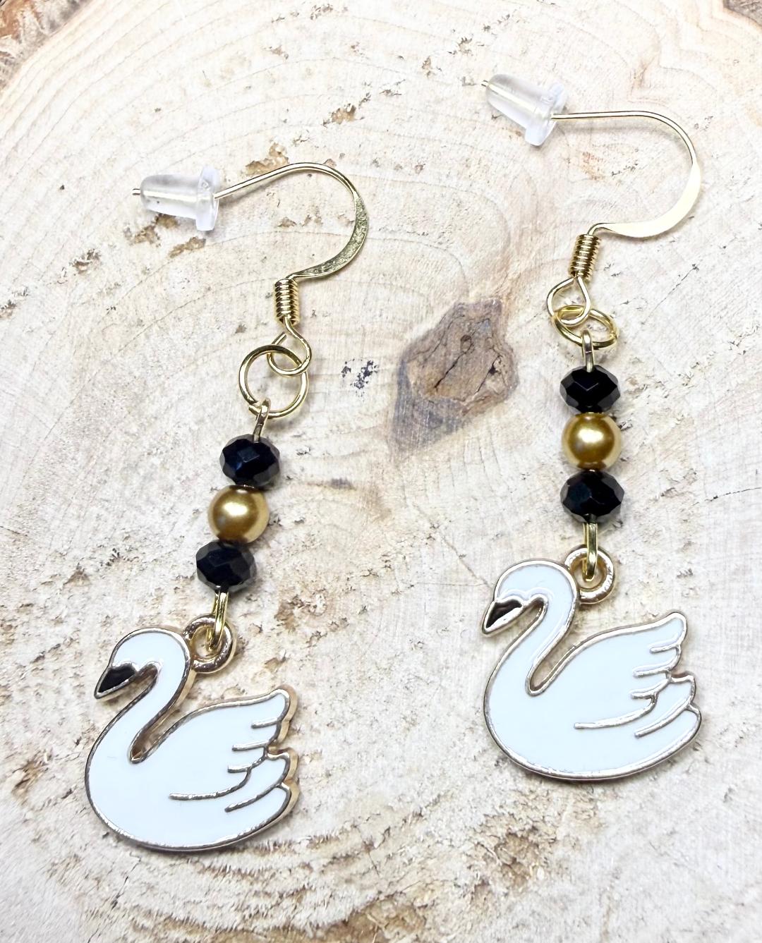 NEW Swan Charm Earrings w/ Black & Gold Glass Beads