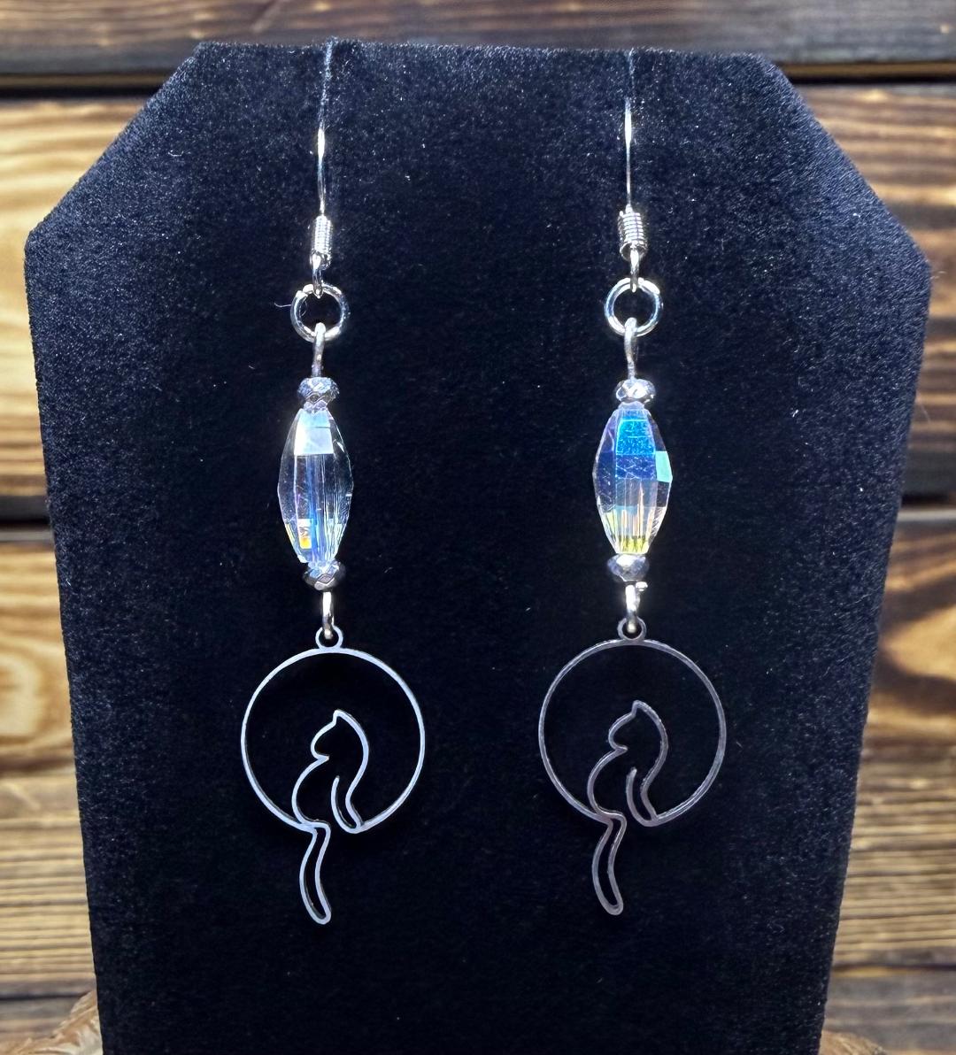 NEW Silver Dangling Tail Cat Earrings w/ Glass Beads