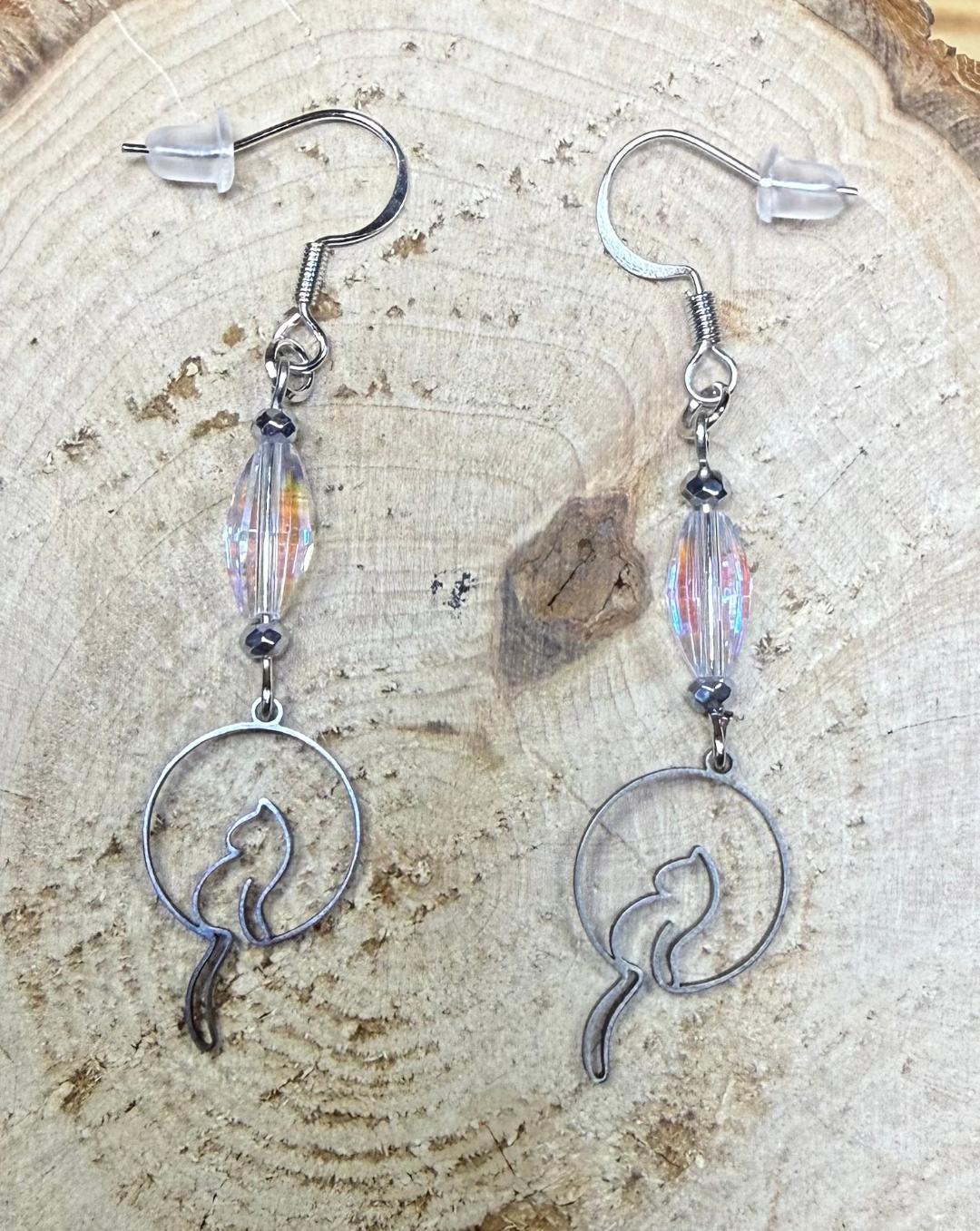 NEW Silver Dangling Tail Cat Earrings w/ Glass Beads