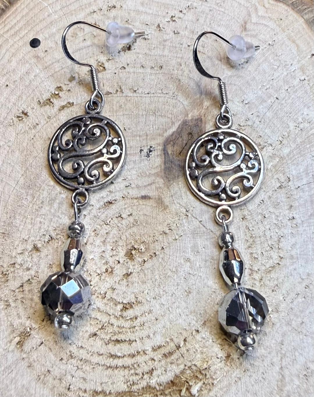 NEW Filigree Swirl Charm Earrings w/ Faceted Silver Glass Bead