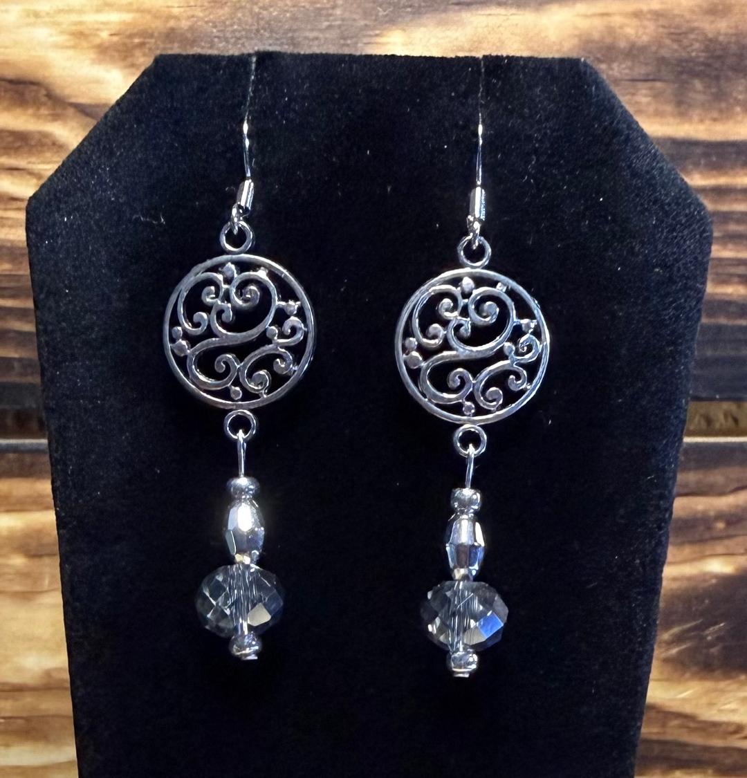 NEW Filigree Swirl Charm Earrings w/ Faceted Silver Glass Bead