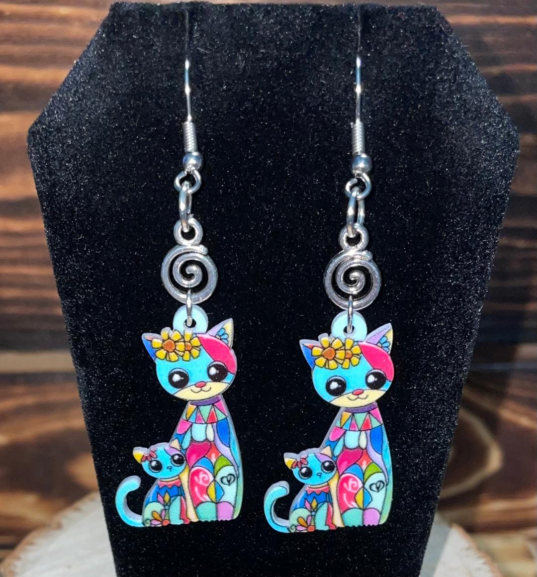 NEW Boho Acrylic Teal Multicolor Cat Mommy & Kitten Earrings
