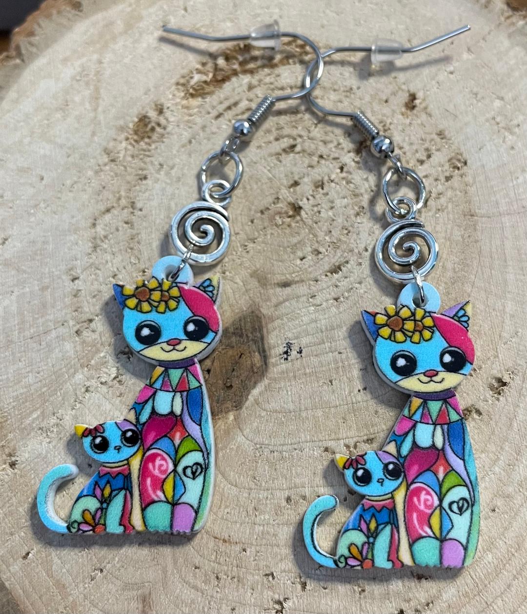 NEW Boho Acrylic Teal Multicolor Cat Mommy & Kitten Earrings