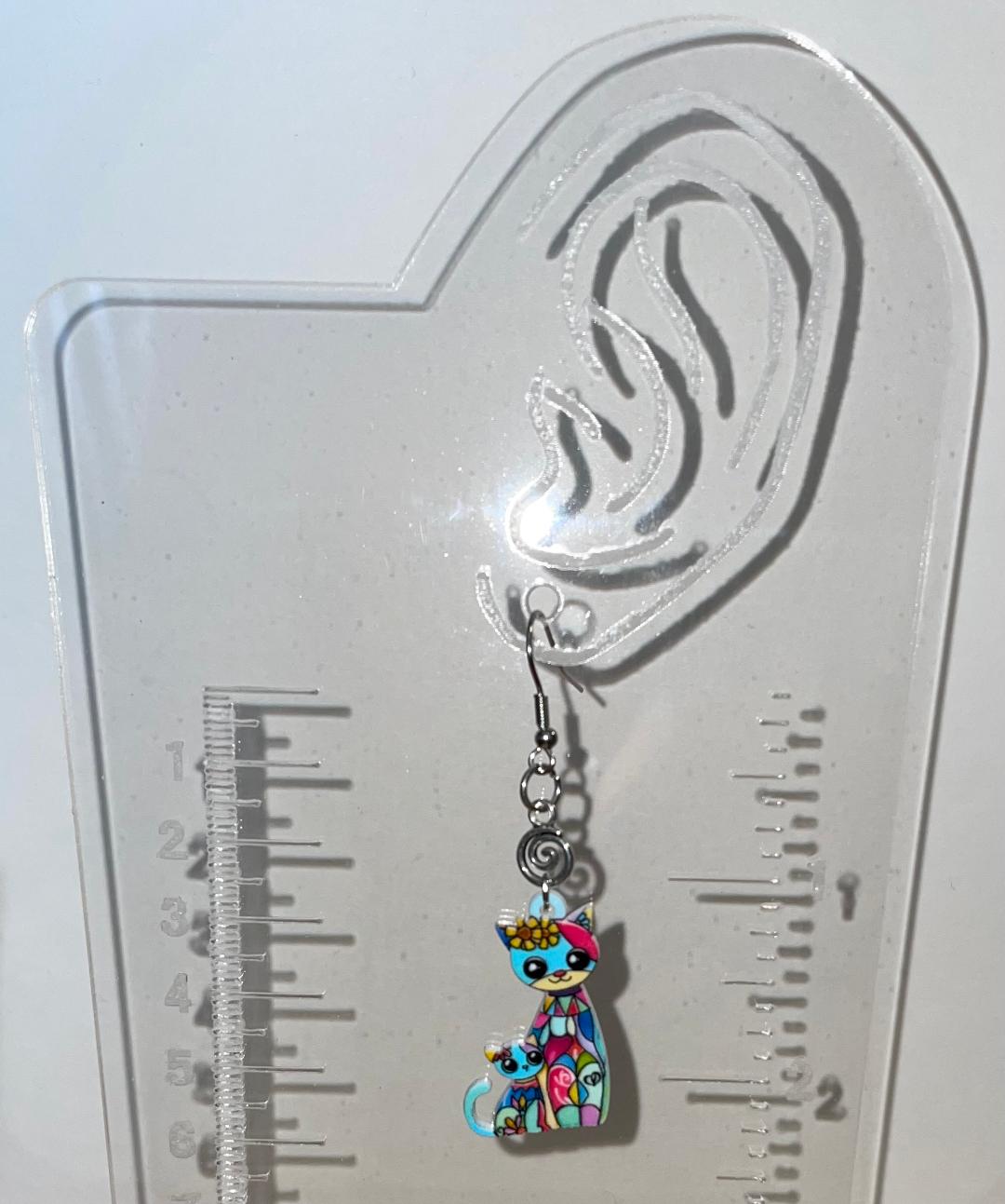 NEW Boho Acrylic Teal Multicolor Cat Mommy & Kitten Earrings
