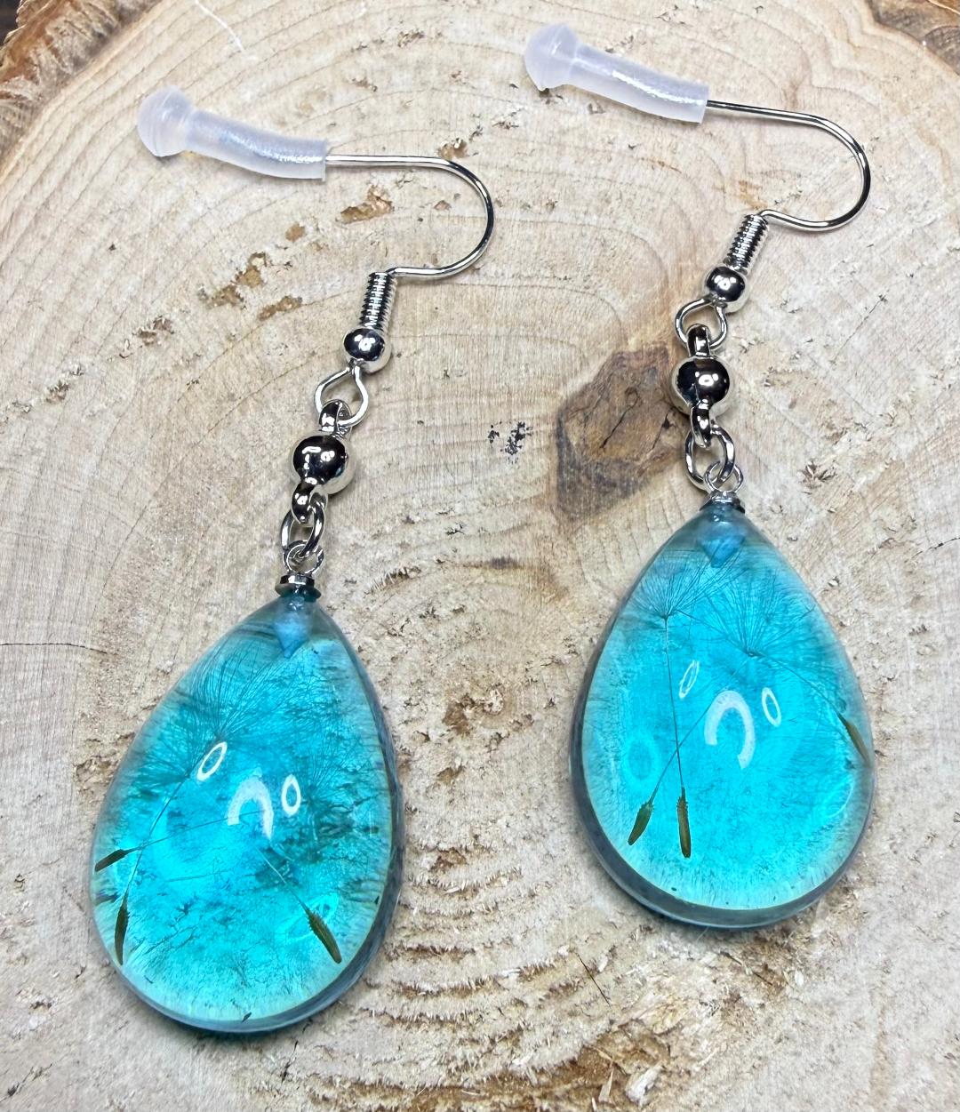 NEW Vibrant Teal Acrylic Teardrop Earrings w/ Dandelion Seed Inside