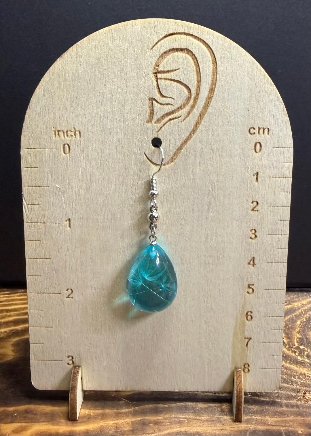 NEW Vibrant Teal Acrylic Teardrop Earrings w/ Dandelion Seed Inside