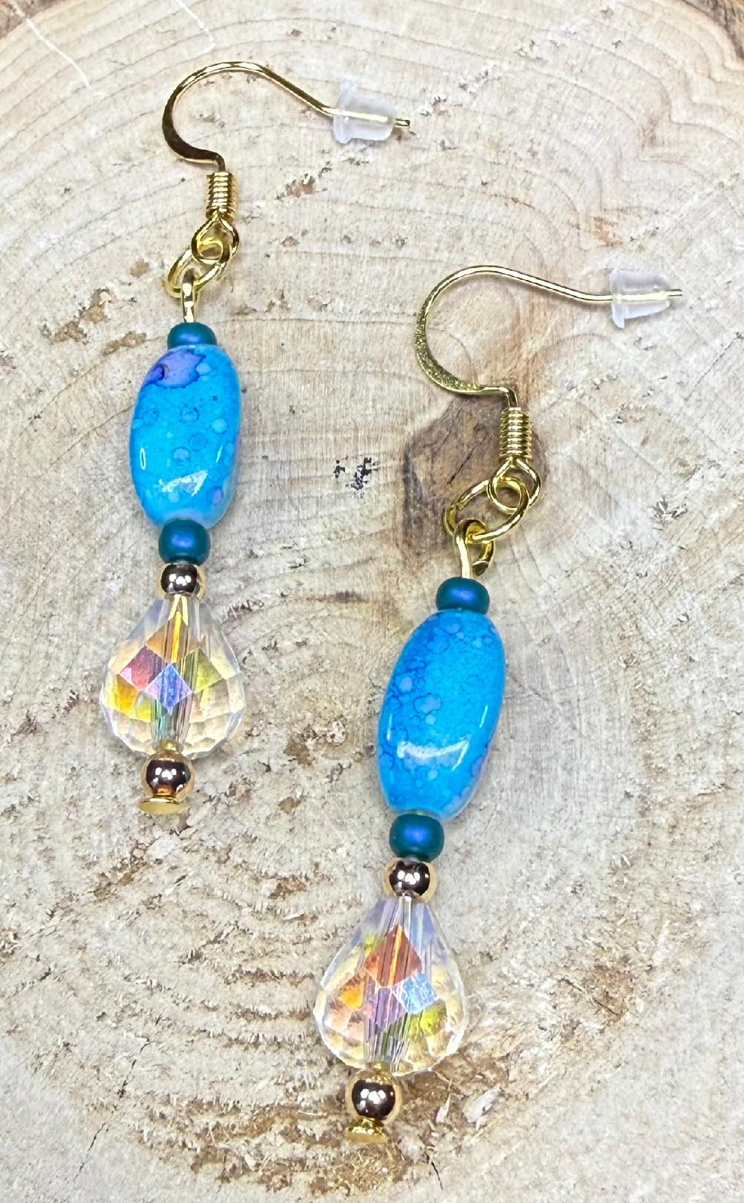 NEW Bandhani Style Painted Oval Teal Blue Earrings w/ Iridescent Glass Beads