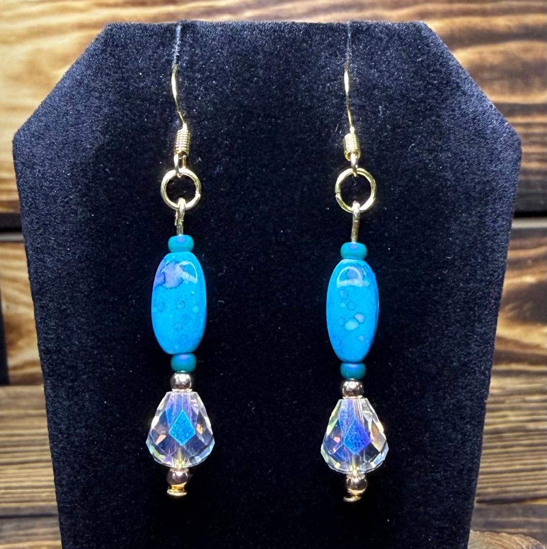 NEW Bandhani Style Painted Oval Teal Blue Earrings w/ Iridescent Glass Beads