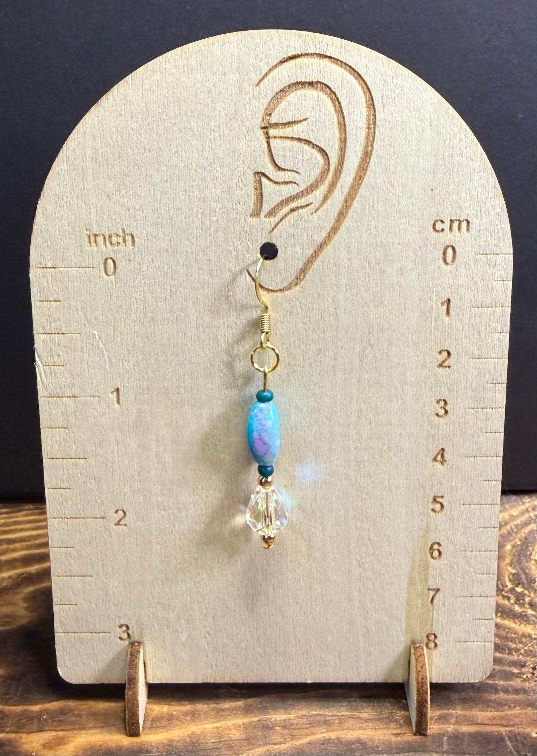 NEW Bandhani Style Painted Oval Teal Blue Earrings w/ Iridescent Glass Beads