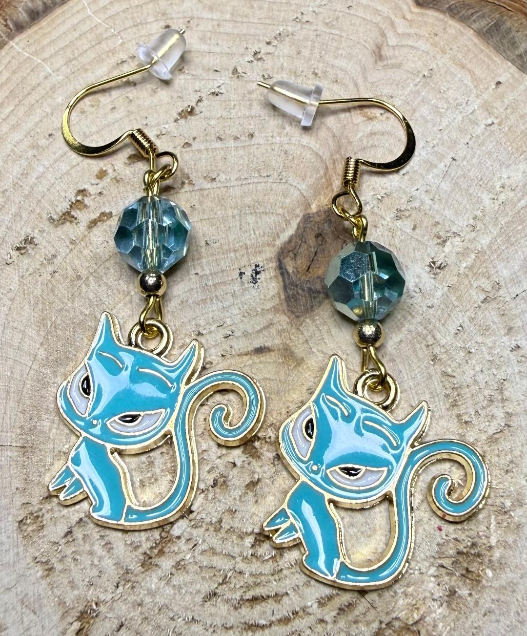 NEW Teal Blue Retro Atomic Sassy Cat Earrings w/ Teal Glass Beads