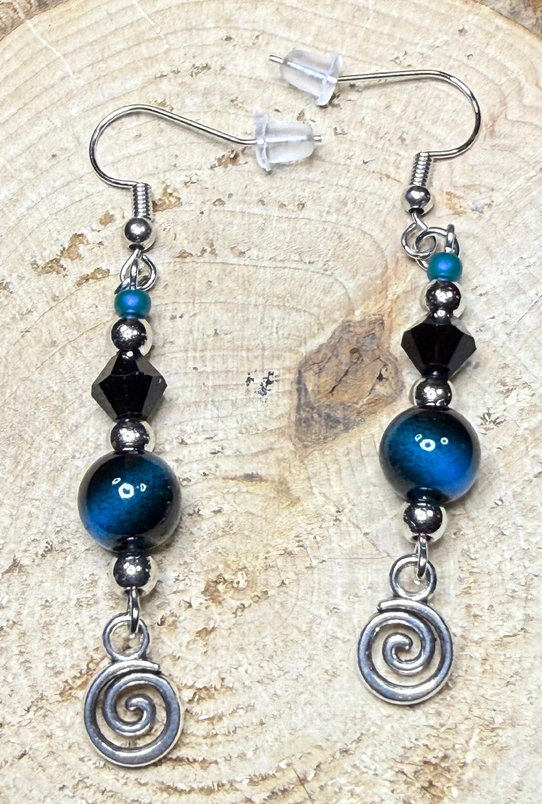 NEW Unique Teal & Black Tiger's Eye and Glass Bead Earrings w/ Swirl Charm