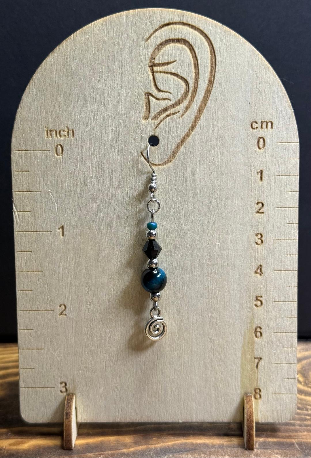 NEW Unique Teal & Black Tiger's Eye and Glass Bead Earrings w/ Swirl Charm
