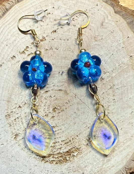 NEW Teal Blue Glass Flower Earrings w/ Lily Petal Charms - Gold Hooks