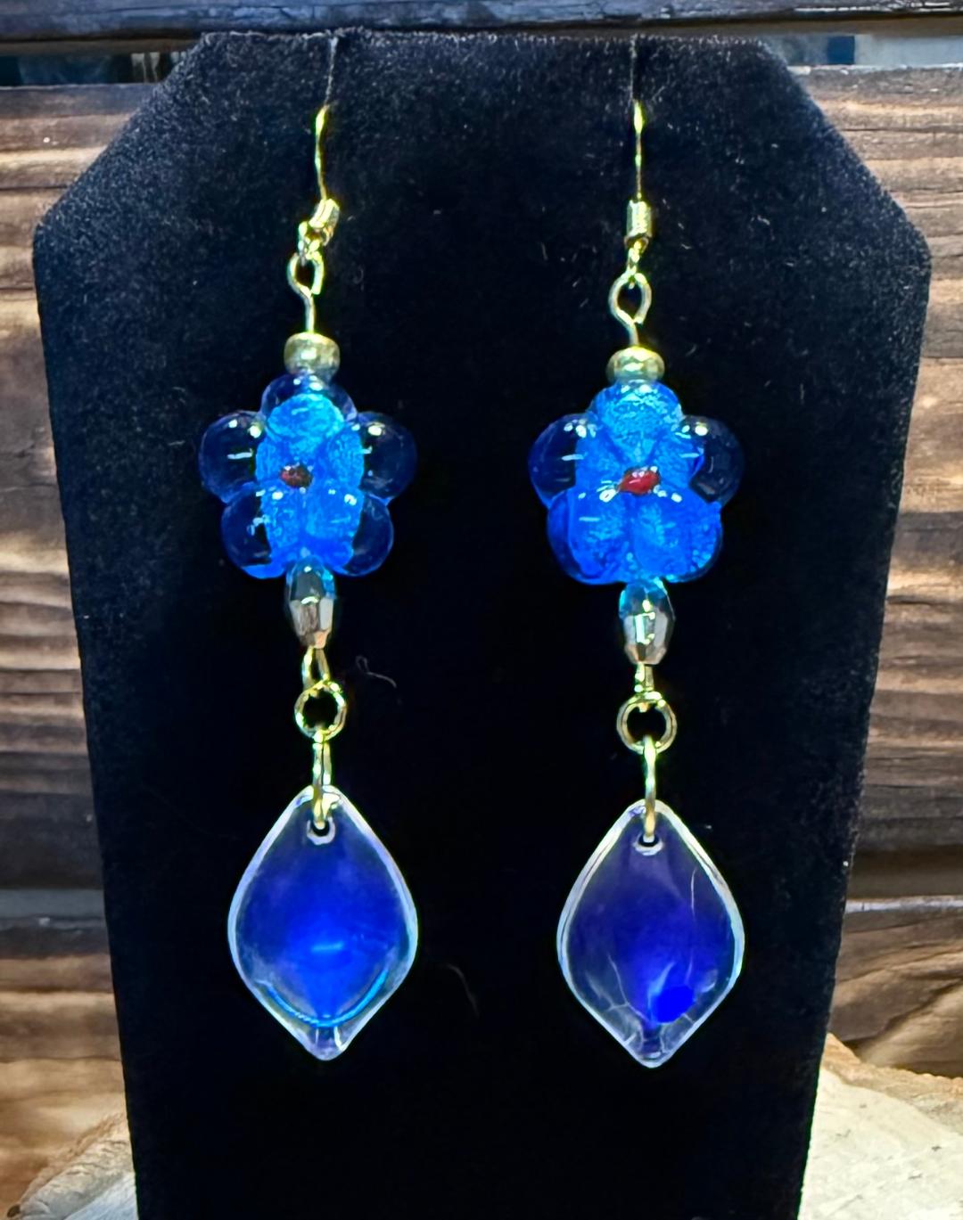 NEW Teal Blue Glass Flower Earrings w/ Lily Petal Charms - Gold Hooks