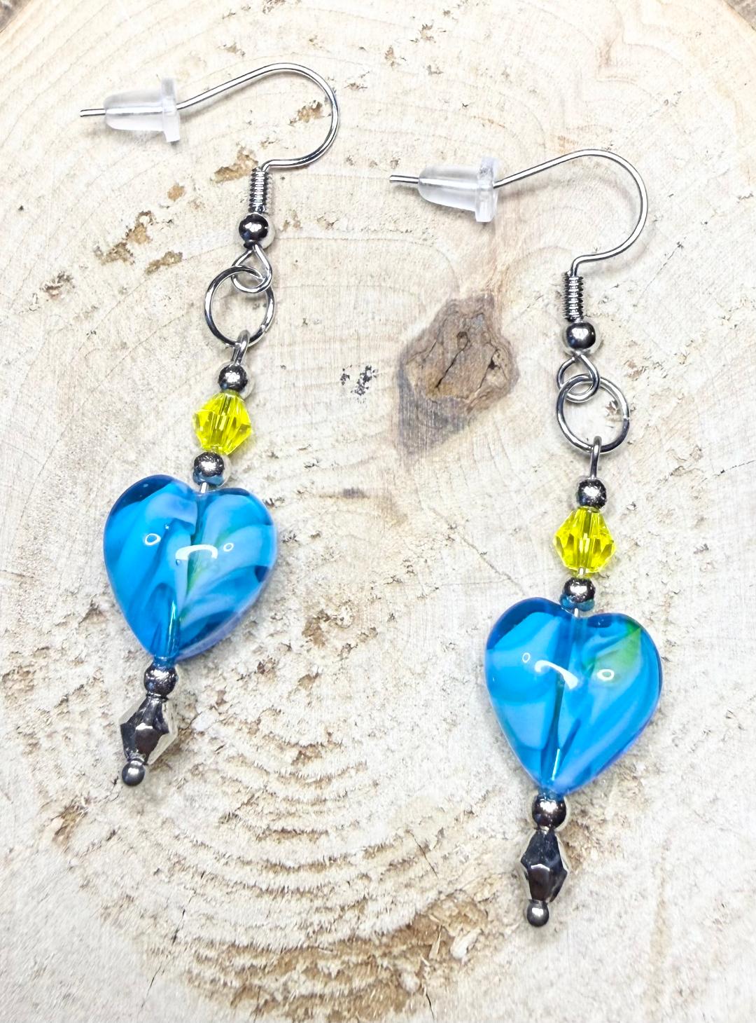 NEW Teal Blue Glass Heart Earrings w/ Yellow & Silver Faceted Beads