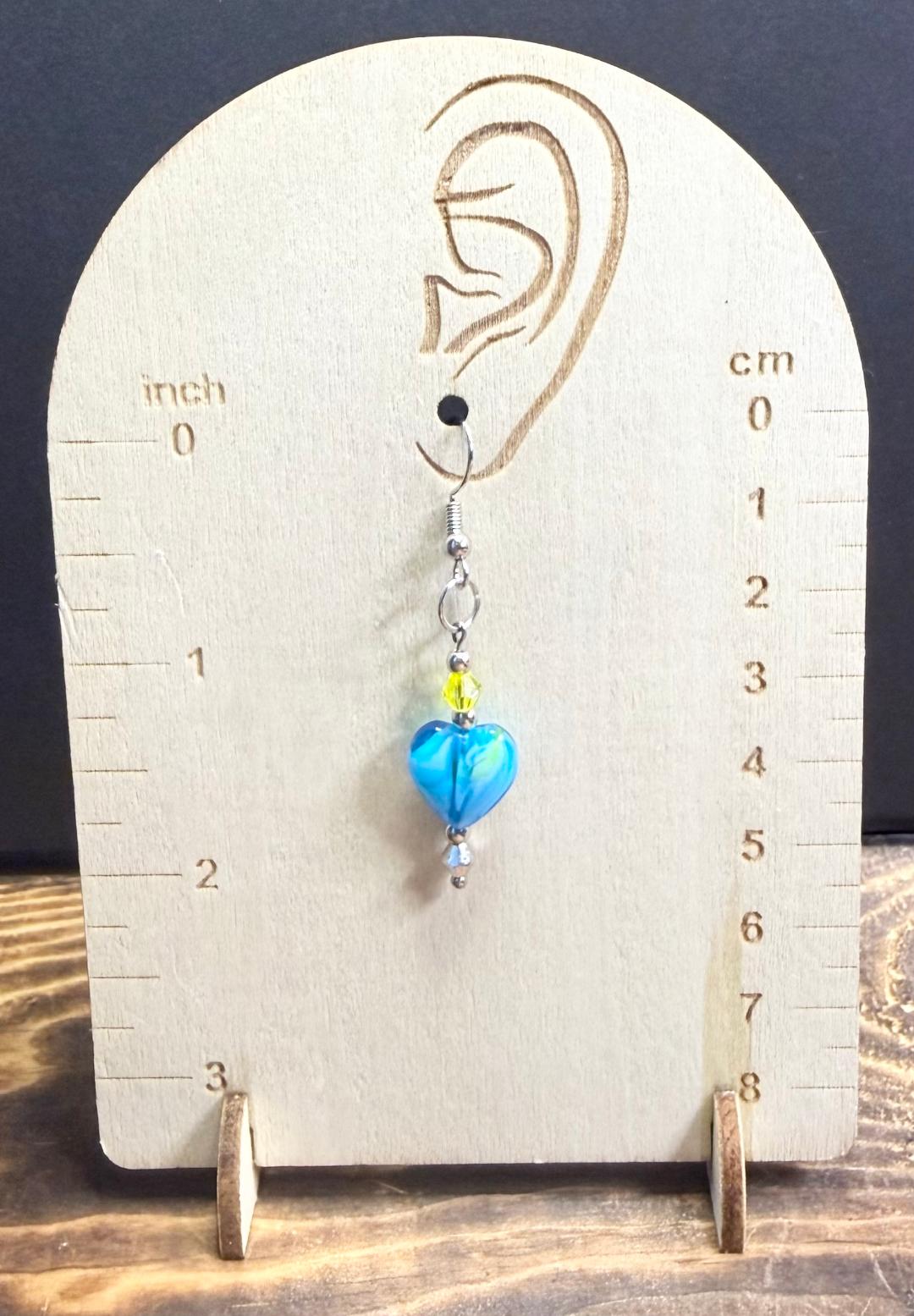 NEW Teal Blue Glass Heart Earrings w/ Yellow & Silver Faceted Beads