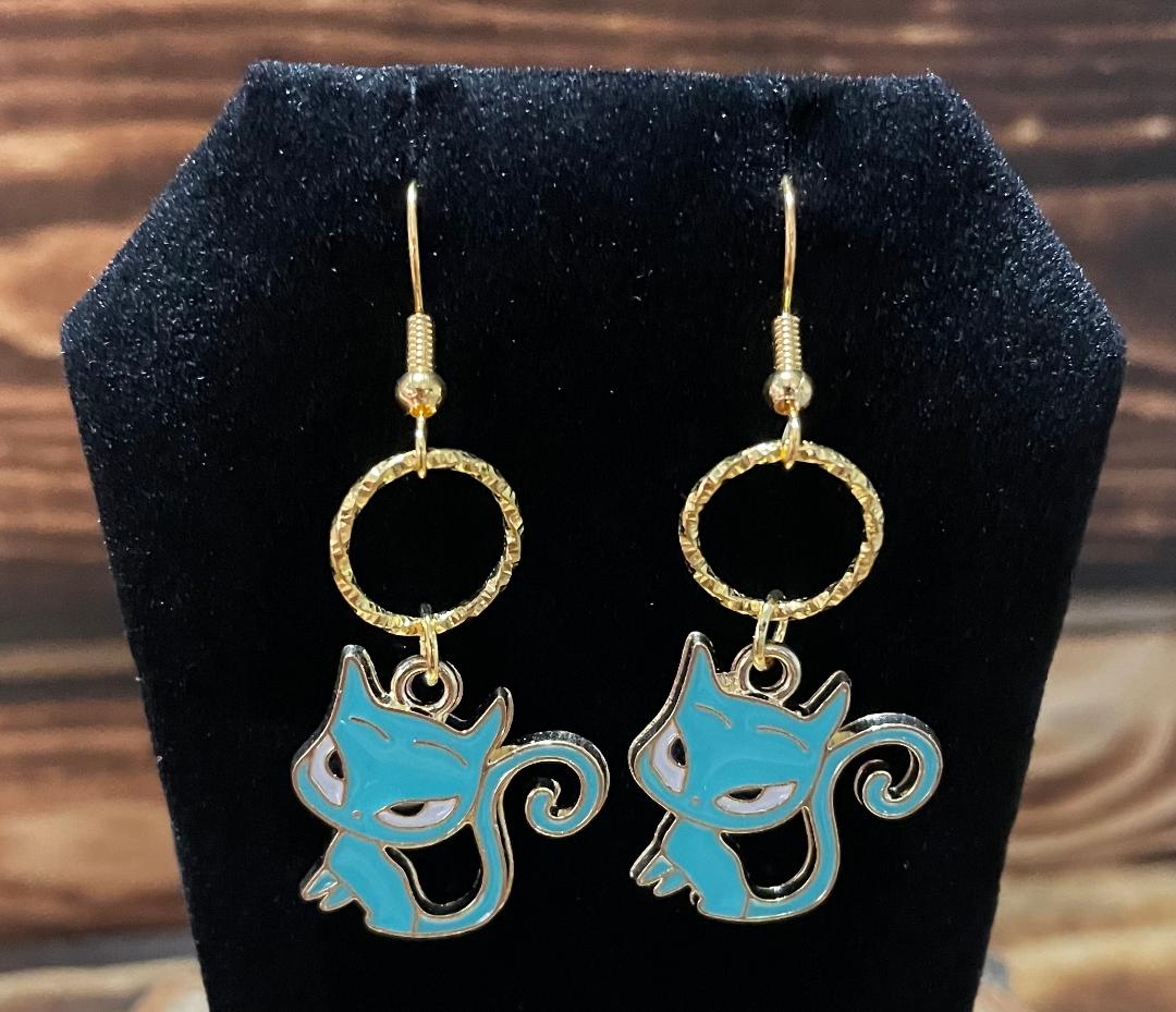 NEW Atomic Cat / Kitten Teal Blue Gold Alloy Earrings