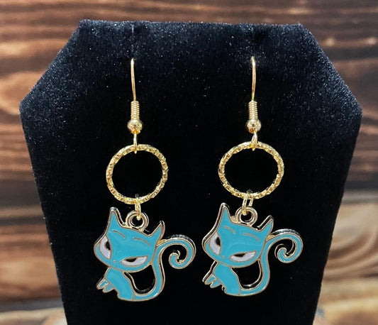 NEW Atomic Cat / Kitten Teal Blue Gold Alloy Earrings