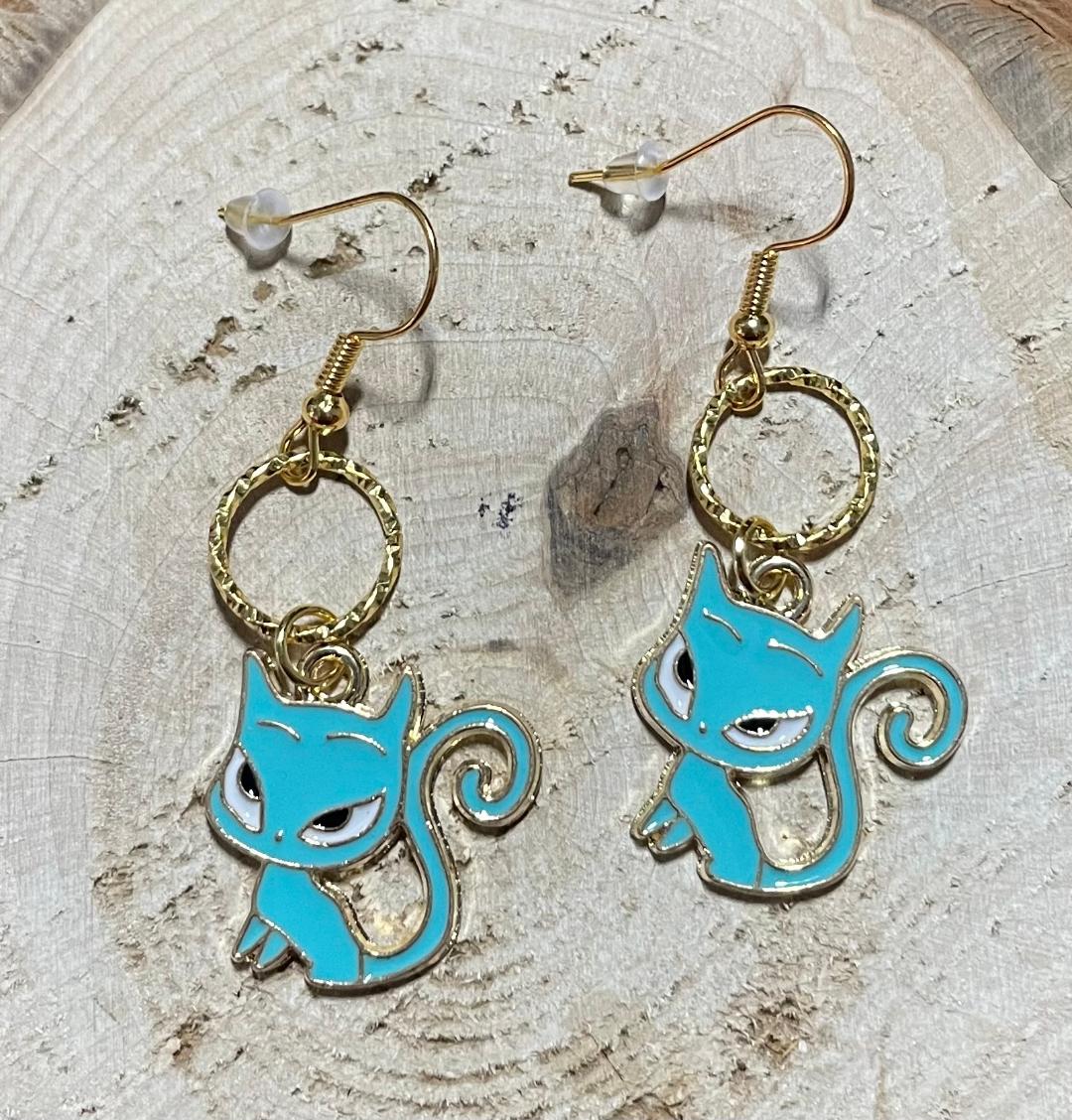 NEW Atomic Cat / Kitten Teal Blue Gold Alloy Earrings
