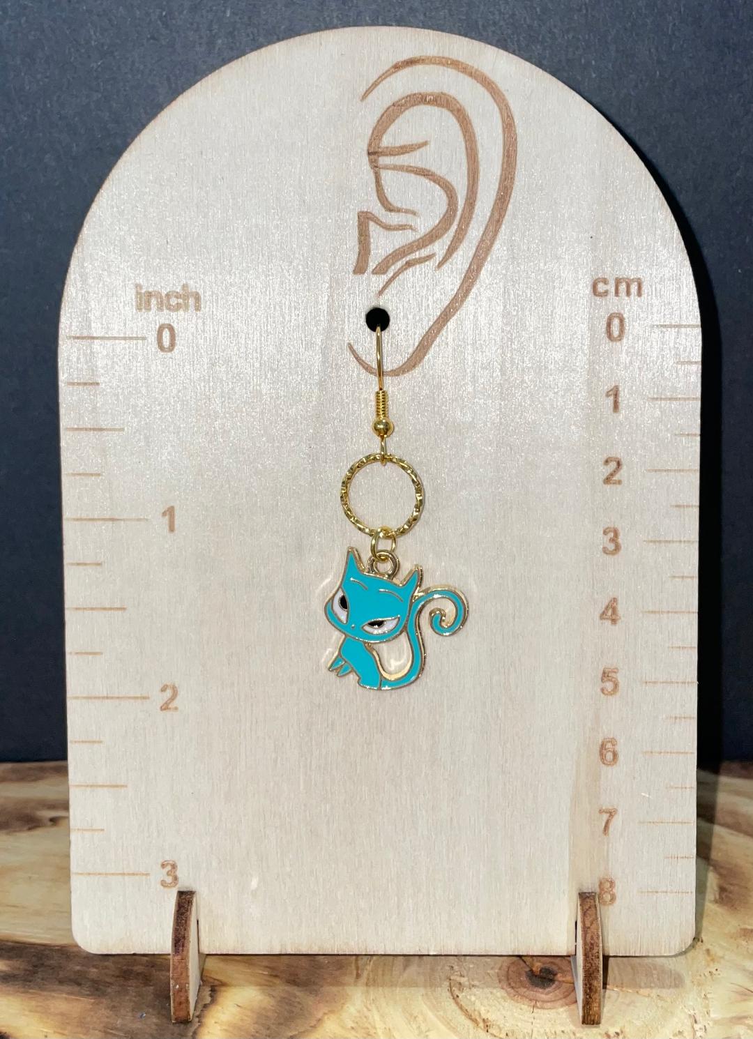 NEW Atomic Cat / Kitten Teal Blue Gold Alloy Earrings