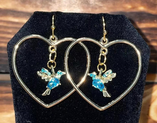 NEW Sweet Heart Shape Gold Tone Dangle Hoop Earrings with Rhinestone Hummingbird