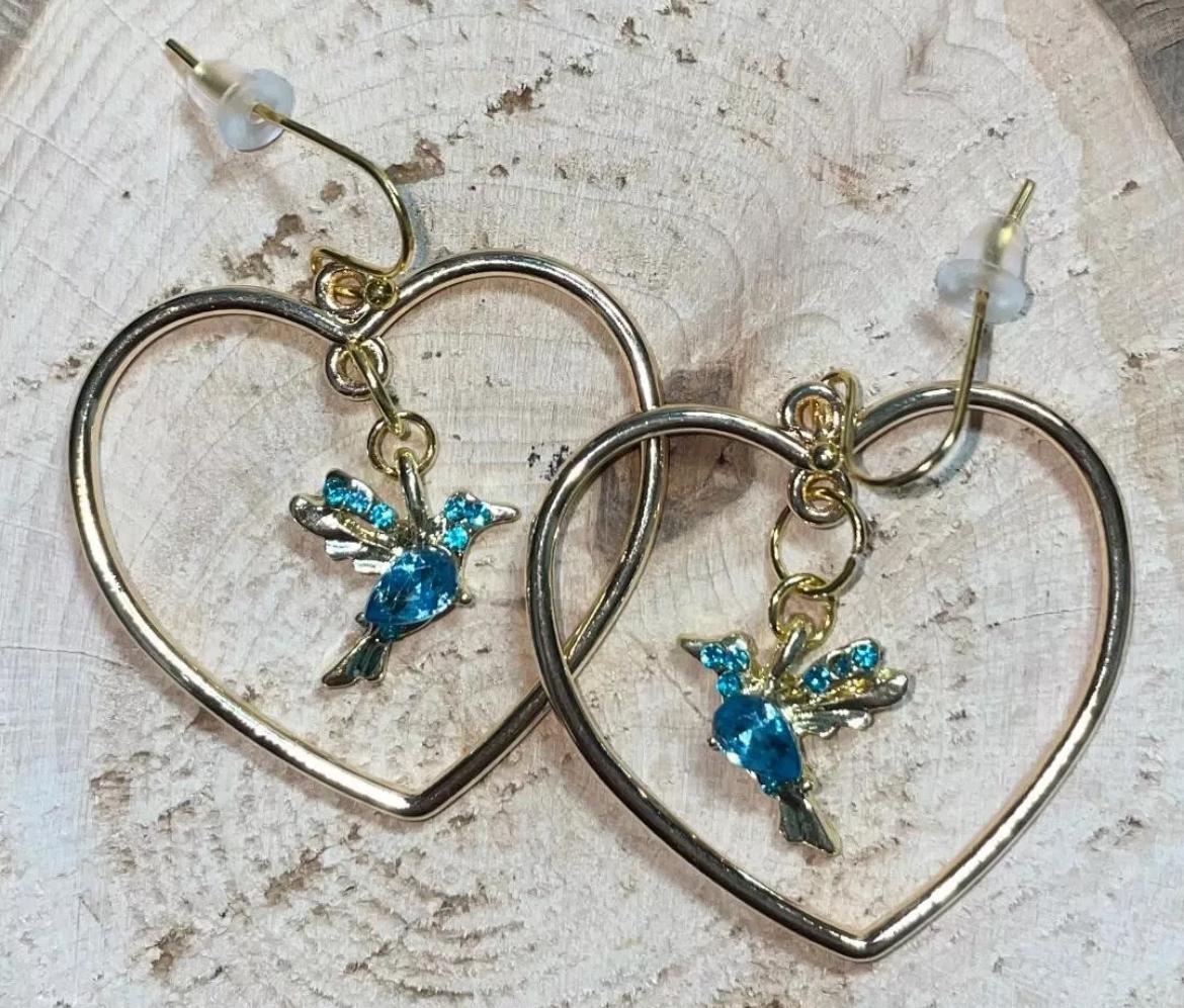 NEW Sweet Heart Shape Gold Tone Dangle Hoop Earrings with Rhinestone Hummingbird
