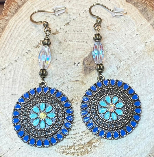 NEW Round Bronze Teal Blue Enamel & Rhinestone Earrings