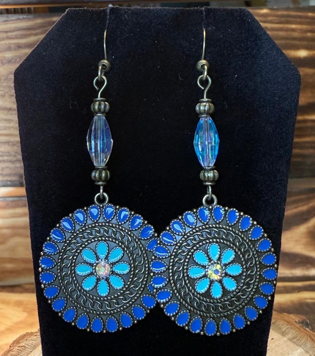 NEW Round Bronze Teal Blue Enamel & Rhinestone Earrings
