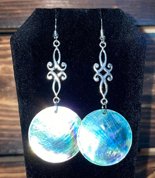 NEW Iridescent Natural Pastel Green Mother of Pearl Shell & Filigree Earrings