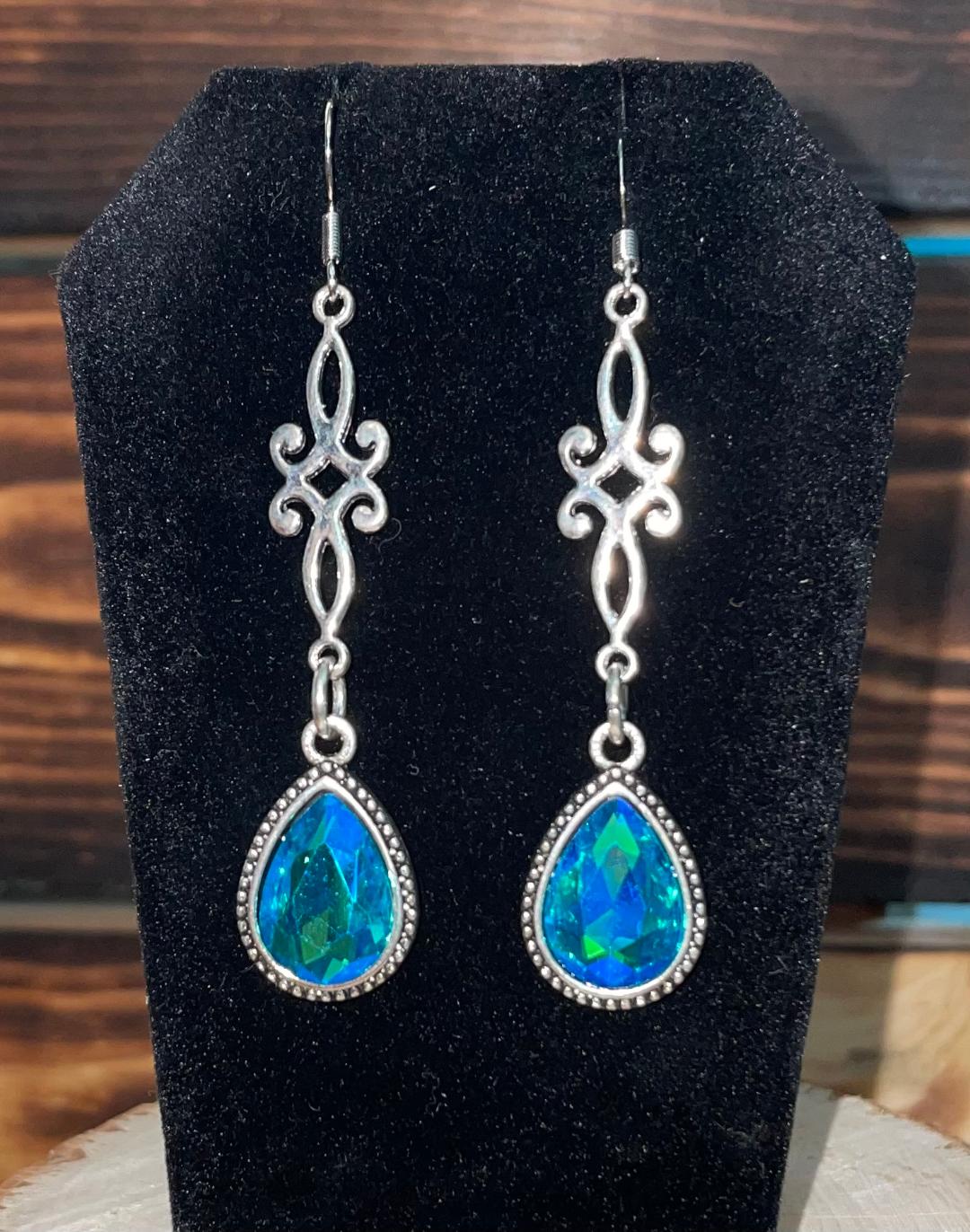 NEW Teal Blue Teardrop Rhinestone Silver Tone Drop Dangle Earrings