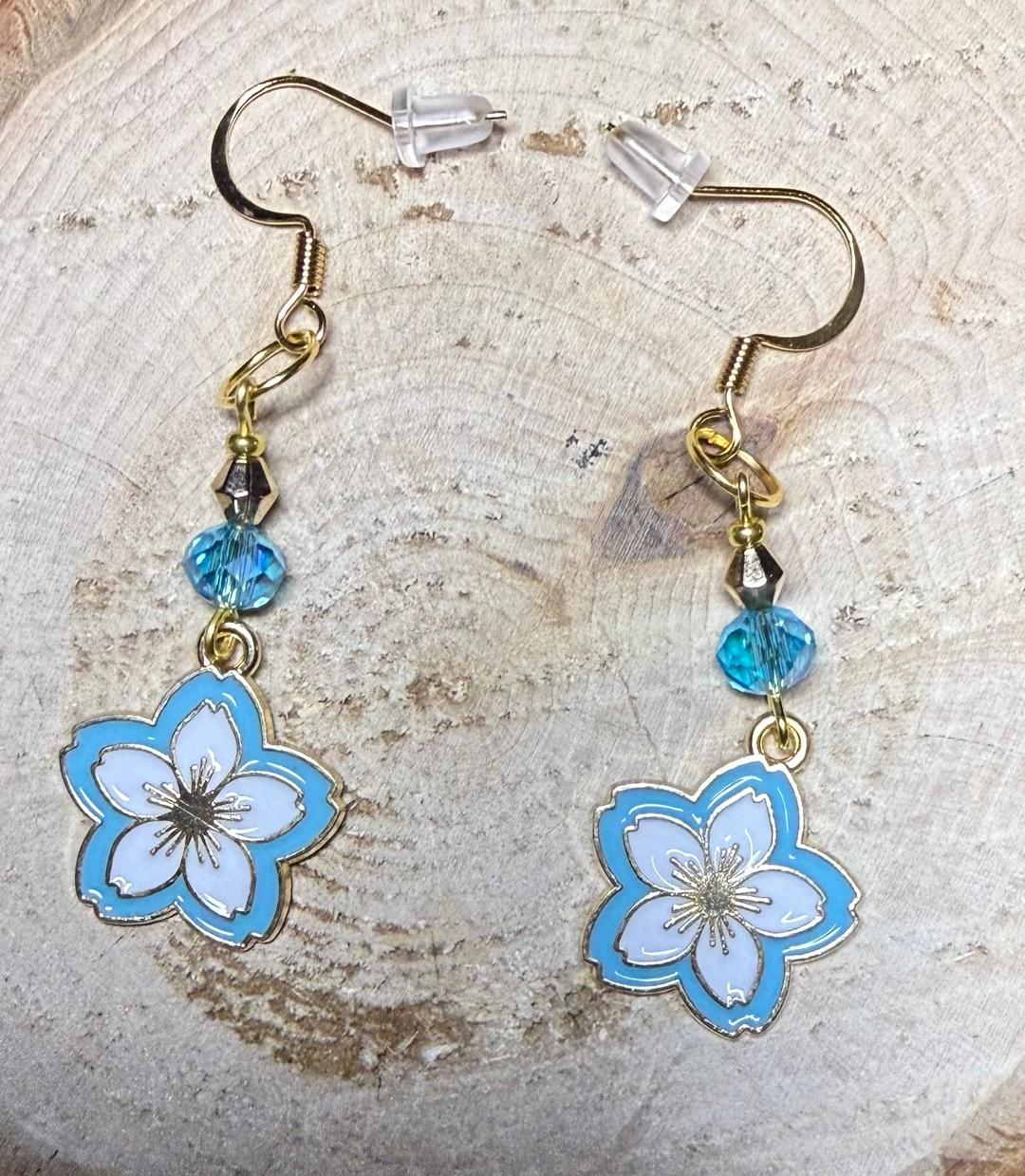 NEW Teal Magnolia Flower Charm Earrings w/ Teal Glass Beads