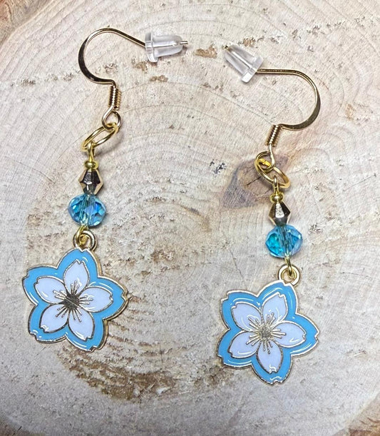 NEW Teal Magnolia Flower Charm Earrings w/ Teal Glass Beads