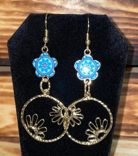 NEW Boho Hippie Goldtone Hoop & Teal Enamel Flower Earrings