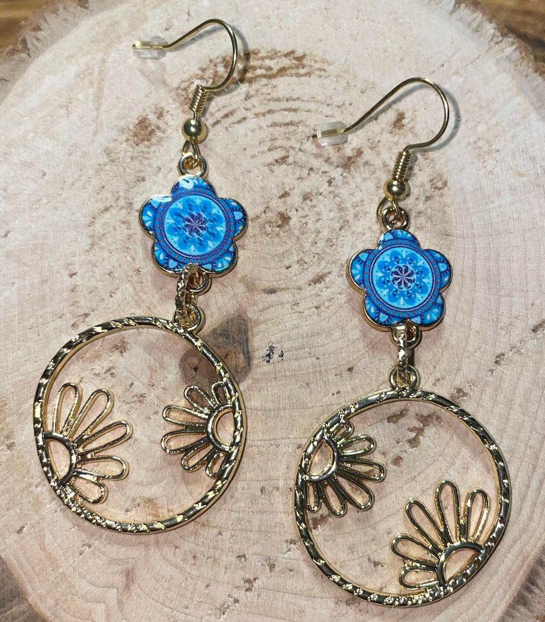 NEW Boho Hippie Goldtone Hoop & Teal Enamel Flower Earrings
