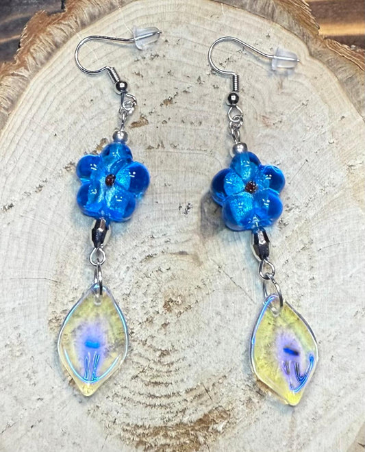 NEW Teal Blue Glass Flower Earrings w/ Lily Petal Charms