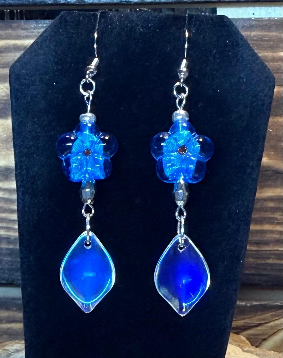 NEW Teal Blue Glass Flower Earrings w/ Lily Petal Charms