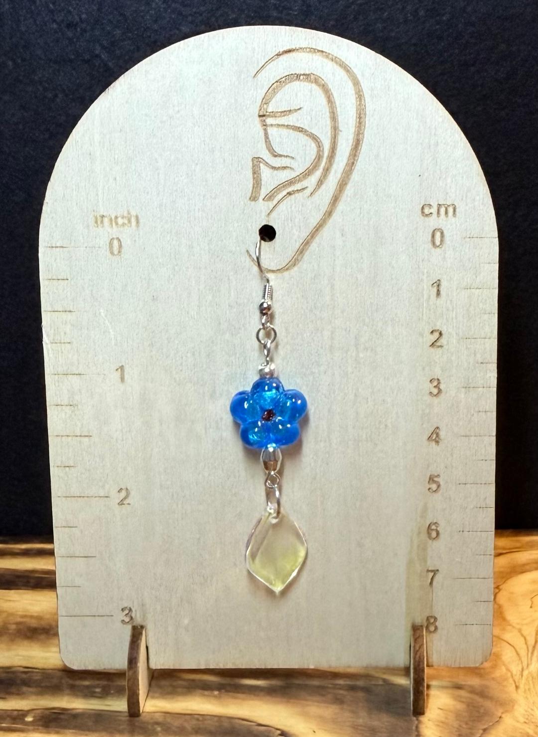 NEW Teal Blue Glass Flower Earrings w/ Lily Petal Charms