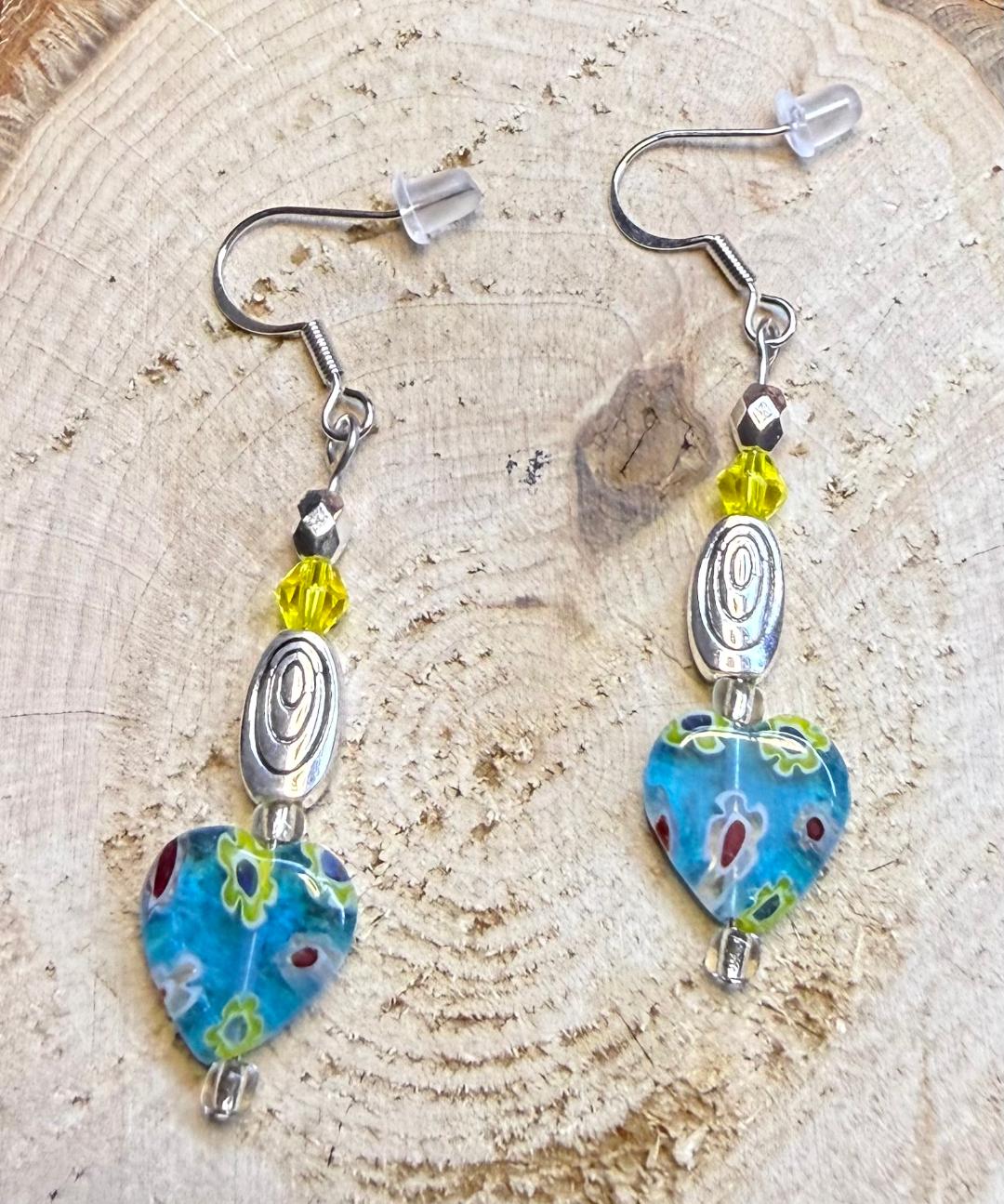 NEW Glass Heart Earrings w/ Yellow Beads & Swirl Charms