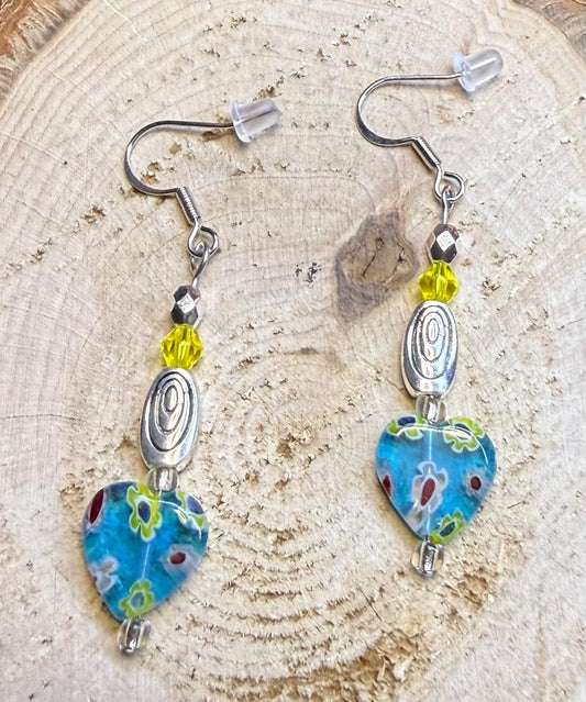 NEW Glass Heart Earrings w/ Yellow Beads & Swirl Charms