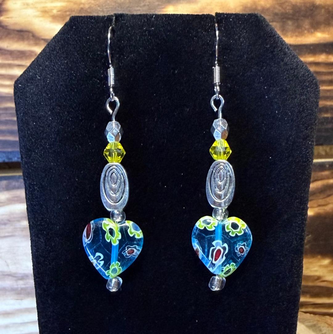 NEW Glass Heart Earrings w/ Yellow Beads & Swirl Charms