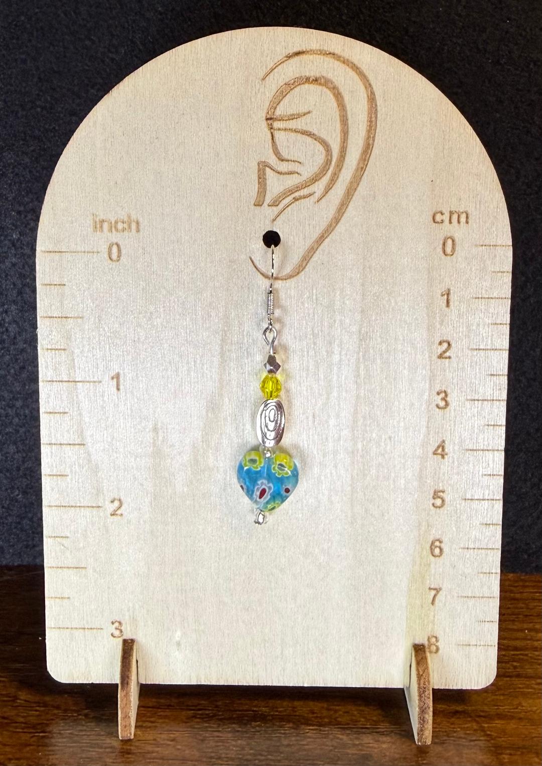 NEW Glass Heart Earrings w/ Yellow Beads & Swirl Charms