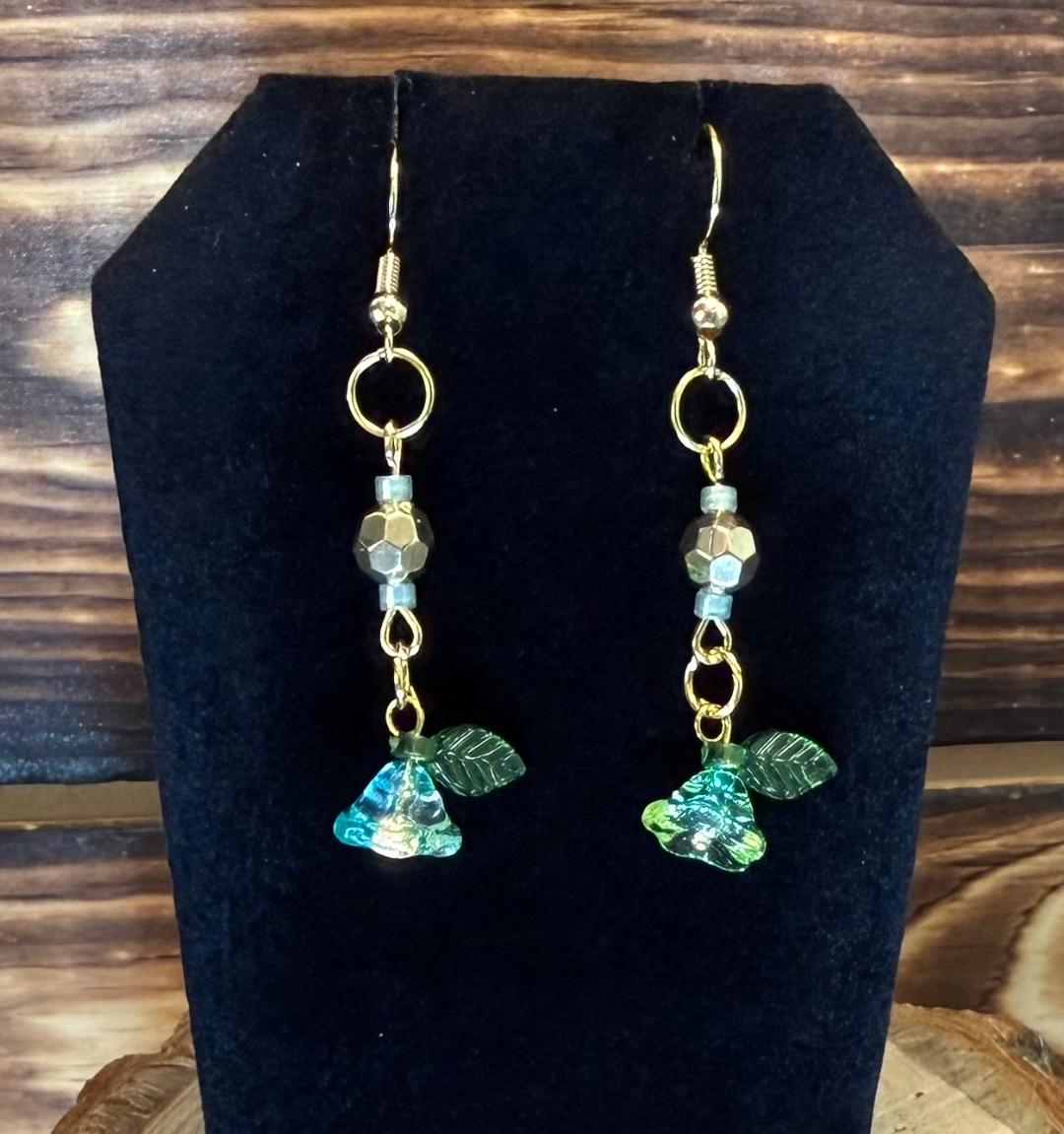 NEW Teal Glass Trumpet Flower Pendant & Bead Earrings